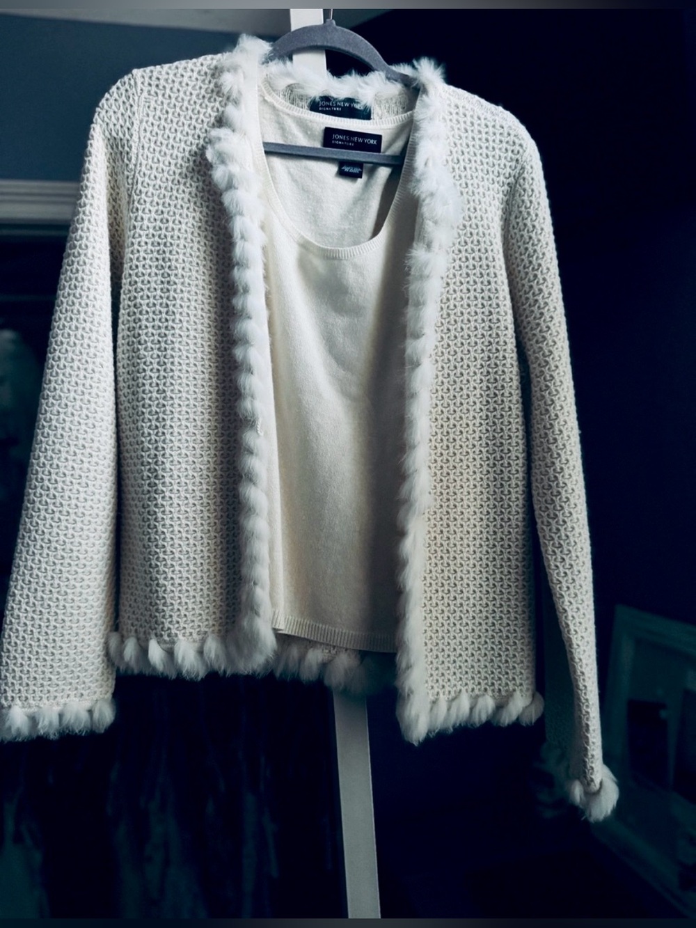 Vintage Designer Angora Wool Knit Top & Cardigan Sweater Rabbit Fur Ivory Set